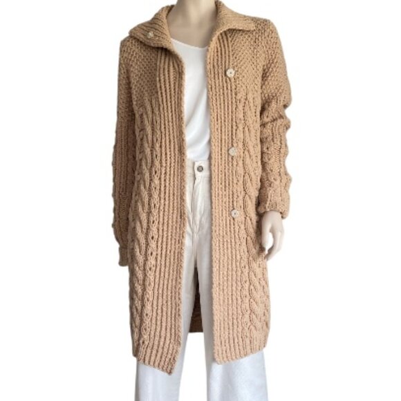 Gentry Portofino Sweaters - Genrty Portofino Extra Fine Wool Oversized Cable Knit Long Cardigan 4/6 Camel